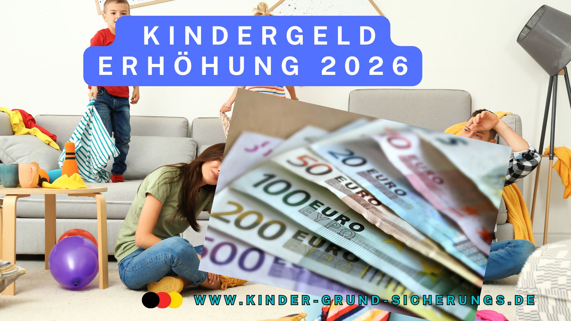 Kinder toben auf dem Sofa, vorne sitzen erschöpfte Eltern, davor Geldscheine
